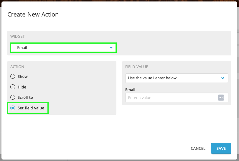 a screenshot of the Create New Action section - the dropdown box under the Widget section has been set to Email, and the Set Field Value option under Action has been highlighted in green