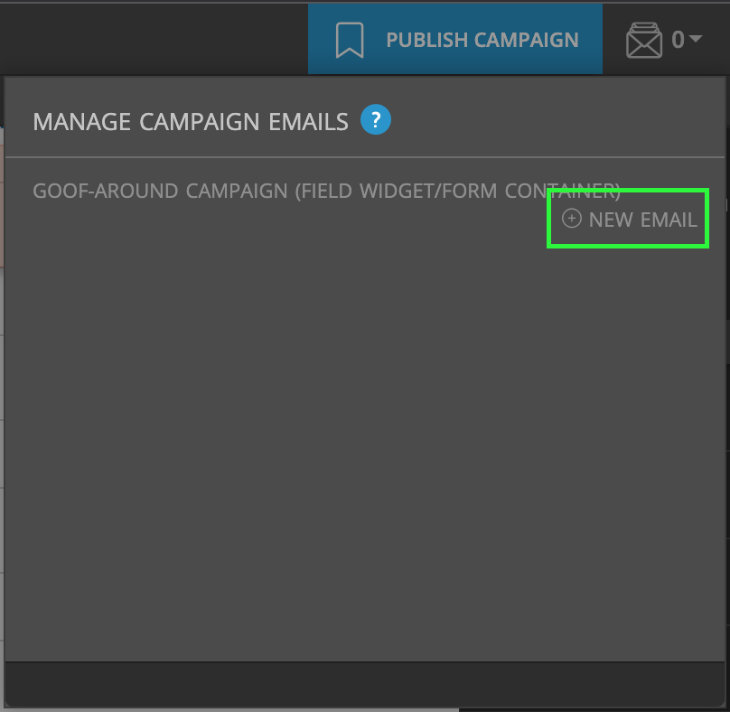 screenshot of the email dropdown menu in the Campaign Builder, with the 'New Email' link highlighted