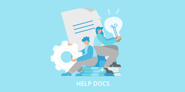cartoon drawing of two people sitting on a pile of books, one holding a lightbulb and one holding a gear - 'HELP DOCS' is shown below