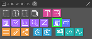 the Add Widgets Panel of the Campaign Builder, with the Form Container Widget icon highlighted
